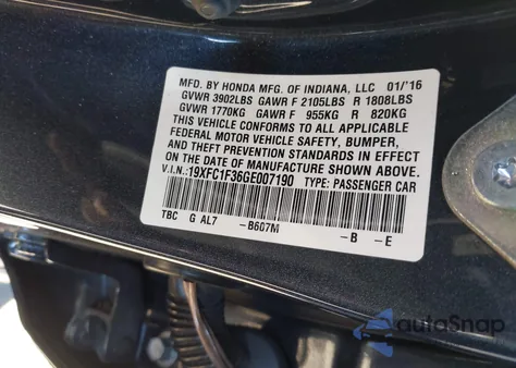 2016 Honda Civic Ex-T z USA, uszkodzony, nr VIN 19XFC1F36GE007190